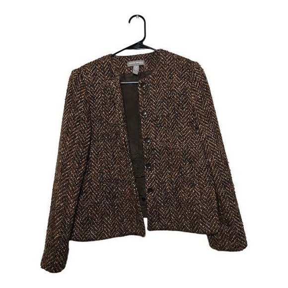 Valerie Stevens Petite Womens Wool Herringbone Blazer Jacket Brown Gold Size 8P - Picture 10 of 10